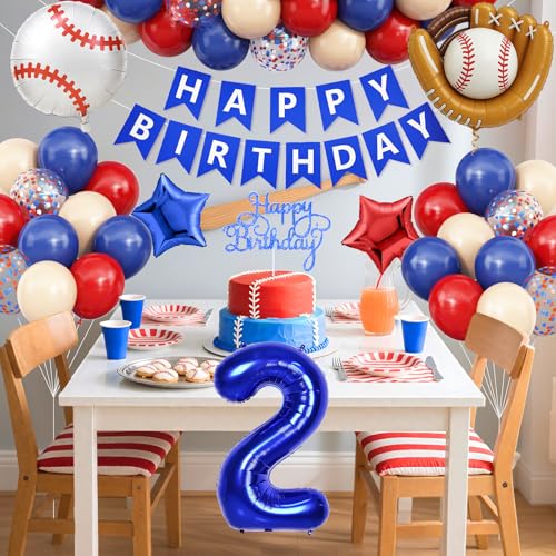 Image of Foil Balloons, 2nd Navy Blue Red 2 Birthday Decorations Boys Baseball Nude