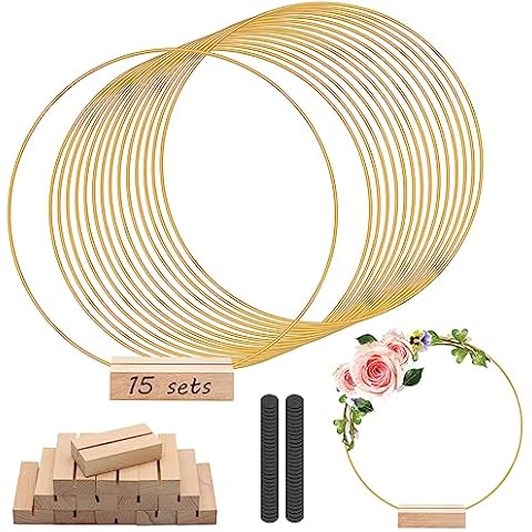 trophable 15Pcs 12 Inch Metal Floral Hoop Centerpiece with 15 PCS Wood Place Card Holders and Adjustable Foot Pads, Gold Wreath Macrame Hoop Rings Decorations for DIY Wedding Party Table Decor Cover
