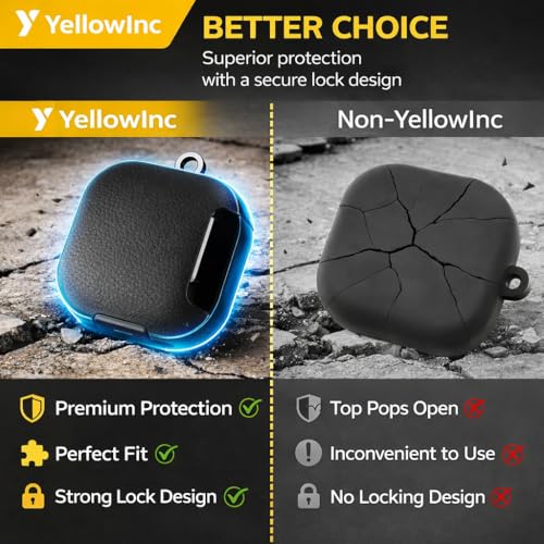 Image of Leather Texture Case for Samsung Galaxy Buds 4 and 4 Pro with Carabiner, Built-in Phone Stand, Locking-Switch Design Business Cover (Black, Leather with Stand)