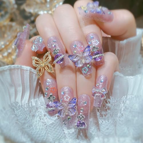 Purple Press on Nails Medium Coffin Fake Nails with Butterfly Bow...