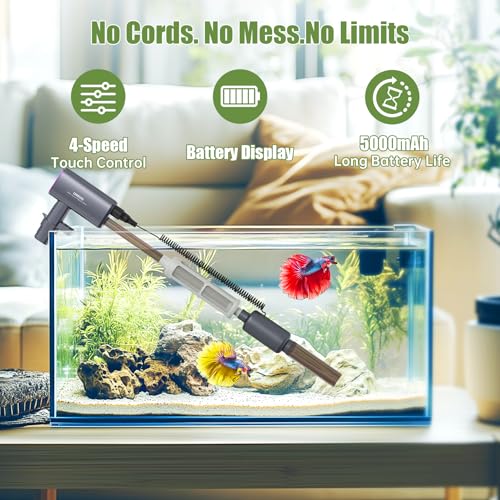 Cordless Aquarium Vacuum Gravel Cleaner: 6-in-1 Electric Fish Tank Cleaner, 36W Rechargeable & 650GPH Strong Suction Automatic Water Changer, Touch Control, Fits 5–150 Gallon Tanks - Image 5