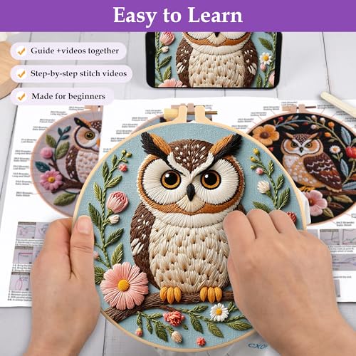 Image of Uniartfy 3 Sets Embroidery Kit for Beginners with Owl Flower Pattern, Hand Needlepoint Kits for Adults, Embroidery Starter Kits with Hoops, Step by Step Video & Instructions, DIY Cross Stitch Kit