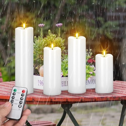 Image of Rossesay 8 inch 10 inch 12 inch 14 inch x 4 inch Large Waterproof Outdoor Flameless Candles, 4 Pcs LED Pillar Candles with Remote and Timers Battery Operated Jumbo Flickering for Home Patio Church Lanterns(White)