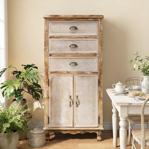 Image of Rustic Tall Storage Cabinet - Distressed Solid Wood Frame Accent Cabinet with 3 Drawers & 2 Doors, Farmhouse Freestanding Floor Cabinet for Entryway, Living Room, Hallway