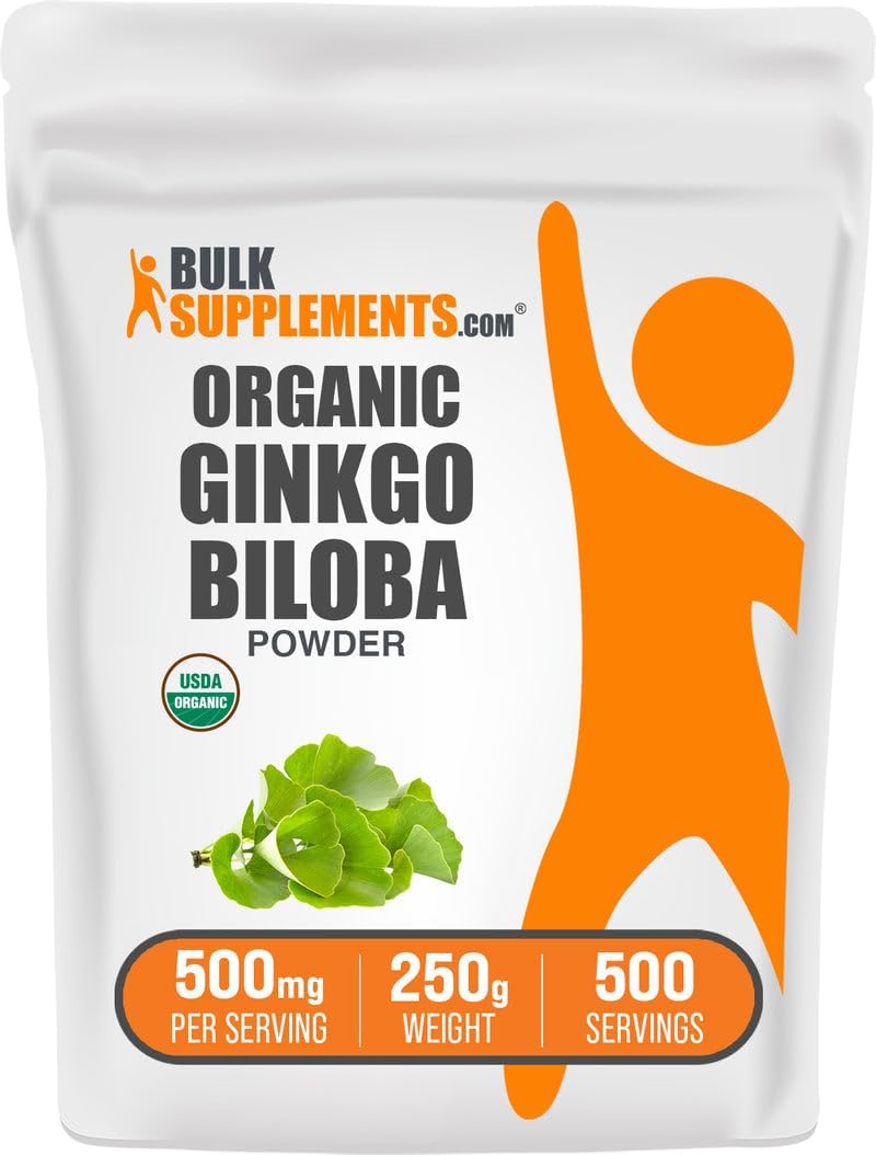 BulkSupplements.com Organic Ginkgo Biloba Powder - from Ginkgo Biloba Leaf, Herbal Supplement - Vegan & Gluten Free, 500mg per Serving, 250g (8.8 oz) (Pack of 1)