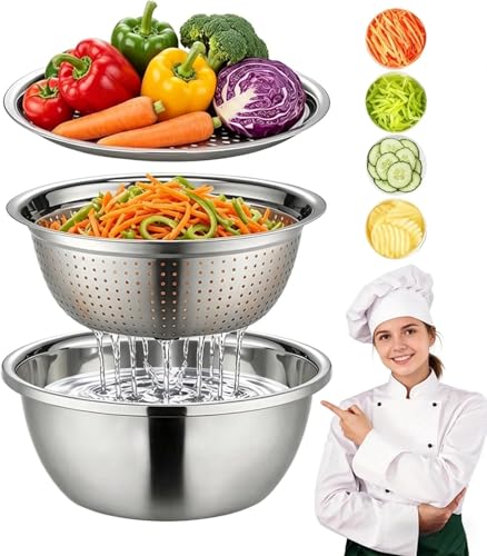 Germany Multifunctional Stainless Steel Basin - 2026 New 3-in-1 Grater Strainer and Drain Basket Set with Vegetable Slicer 10.24 Inch for Kitchen Rinsing Draining Mixing