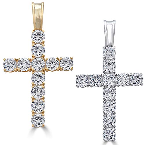 Harlembling Solid 925 Sterling Silver Iced Out Cross Pendant - 14k Gold Plated - Men's Or Ladies - Tennis Cross - Fits Up To 5mm Chains! (gold-plated-silver)