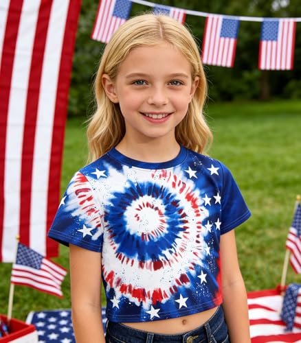 Image of Tkria Girl Crop Tops July 4th Crewneck Tshirt American Flag Patriotic USA Flag Girls Outfit Clothes Size 6-14