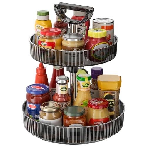 2-Tier Lazy Susan 360° Rotating Turntable Organizer Rack with Handles Height Adjustable, Spice Rack Holder Organizer for Cabinet, Pantry Organizers Bathroom Countertop Storage (Dark Gray)