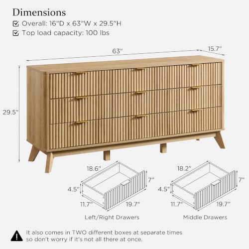 Image of T4TREAM 63 inch Wide Fluted 9 Drawer Dresser for Bedroom, Natural Oak | Mid Century Modern, Curved Profile, Metal Handles, Anti-tip Kit, Smooth Slides, for Living Room, Hallway
