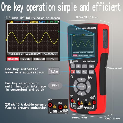 Image of ZOYI ZT-702S 2 in 1 Handheld Digital Oscilloscope, Single Channel Oscilloscope Multimeter w /Probe, 10MHz Bandwidth, 48MSa /s Sampling Rate, DC /AC Volt Ohm Amp Meter Tester, Auto Calibration By Skyking