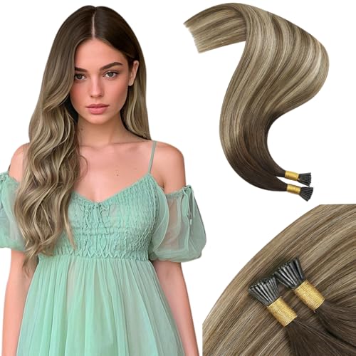 Image of Moresoo I Tip Hair Extensions Human Hair Brown Ash Blonde Mix 16 Inch | 40g 50 strands, human hair can be curled or straightened, individual strand extensions for salon and daily styling