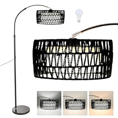 Arc Floor Lamp for Living Room, Stylish Rattan Boho Floor Lamp with 3 Color Temperature Dimmable LED Bulb, Farmhouse Tall Lamp, Arched Standing Lamp for Office Bedroom Living Room Corner (Black)