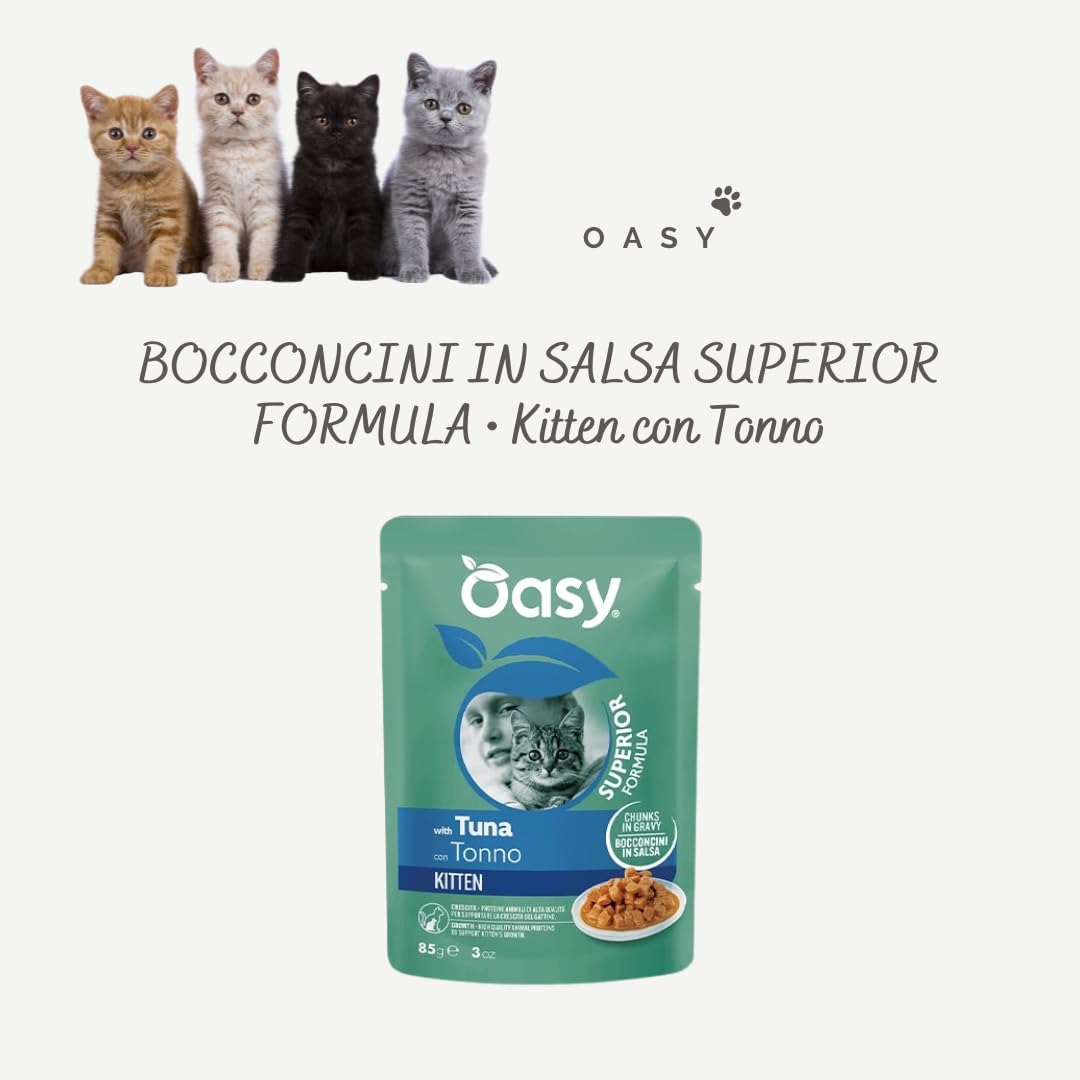 OASY Gatto BOCCONCINI IN SALSA SUPERIOR FORMULA • Kitten con Tonno | alimento umido completo per gattini da 1 a 12 mesi, 24 bustine da 85 grammi l'una.