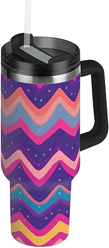 Zigzag Dots - Botella de agua colorida al vacío de boca ancha con asa, tapa a prueba de fugas y pajita, taza de café decorativa para viajes, para