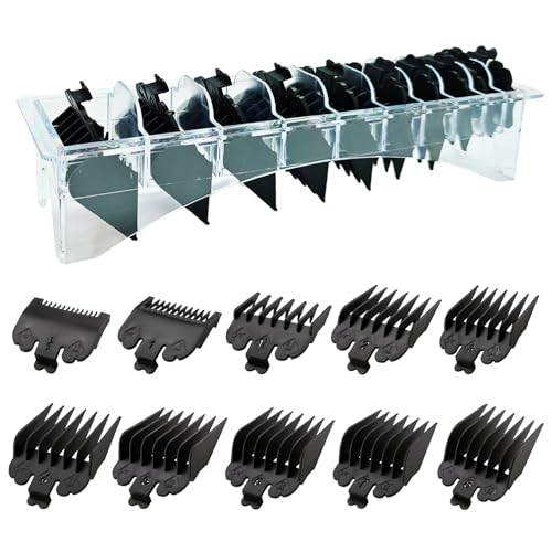 10 Piece Clipper Guards Set for Wahl Babyliss FX870 & More(Black) Replacement Guides (1/16 to 1) with Organizer
