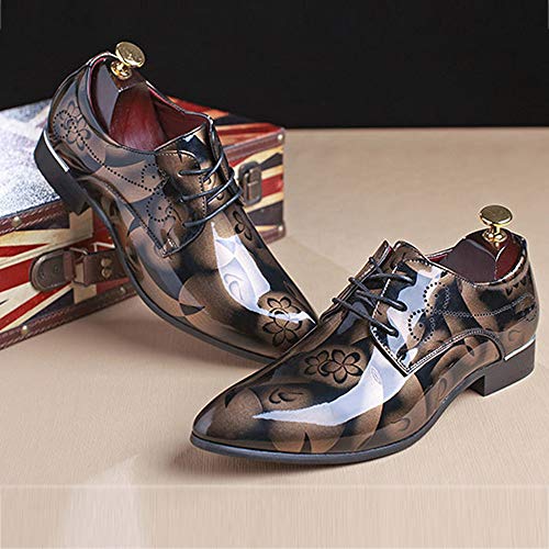 Image of Men Fashion Dress Business Shoe Pointed Toe Floral Patent Leather Lace Up Oxford Black Brown Red Grey