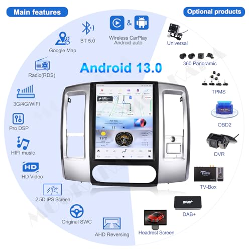 MOOKAKA Rádio veicular Qualcomm Android 13 para Dodge RAM 1500 2500 3500 2008-2012 Truck Stereo Upgr