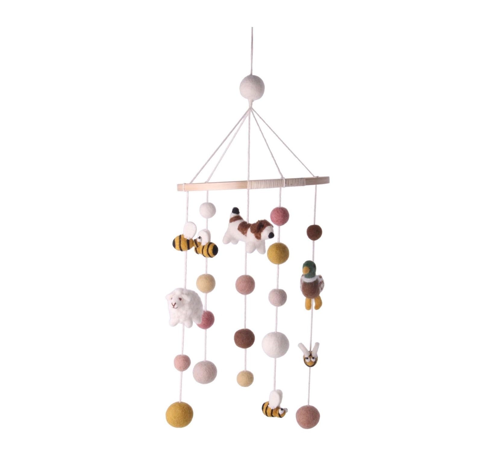 Handgemacht & Fairtrade-zertifiziert | Gry & Sif | Stilvolles dänisches Design x Nepali Kunsthandwerker | Mobile Baby mit gehöften Tieren aus Filz für das Babybett Laufstall Wickeltisch Babyzimmer