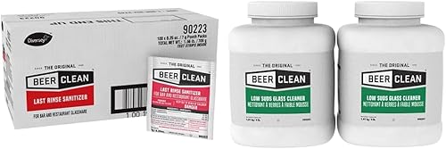 Diversey -90223 Beer Clean Last Rinse - Desinfectante de vidrio. Paquete de polvo de 25 onzas (paquete de 100) y limpiador de vidrio de cerveza