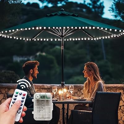 Patio Umbrella Lights Cordless LED Market Table Umbrella Lights with Remote Control Battery Operated Waterproof Parasol String Lights, Fits 6-9 Feet Diameter Outdoor Umbrella Décor (Cold White)