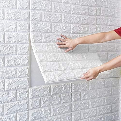 Image of 3D White Brick Wallpaper with Golden Tikdi Self Adhesive PE Foam Wall Sticker for Home Living Room Bedroom Kitchen Hotel DIY Wall Decor ((25, White Bricks Wallpaper)
