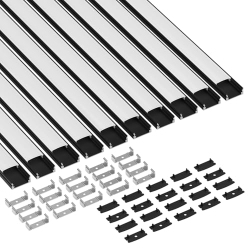CUQI Zwart LED-profiel, 10 x 40 cm aluminium profiel met melkachtige pc-afdekking, eindkappen en montageklem voor LED-strips (10 stuks)