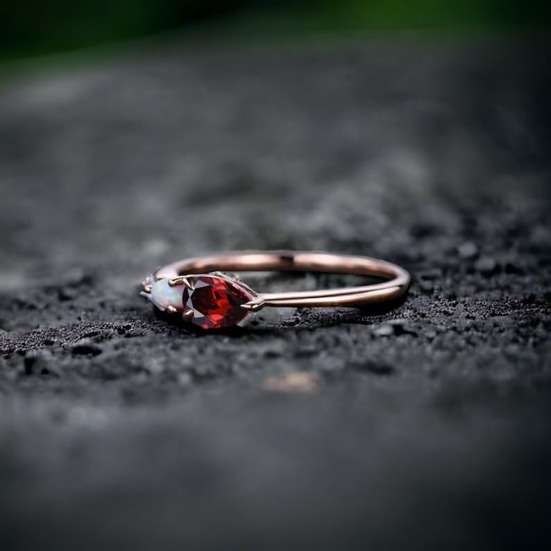 Handmade Vintage Red Garnet & Opal Gemstone Engagement Ring Pear Cut Gems Moissanite Wedding Band Three Stone Unique Women's Bridal Promise Jewelry3