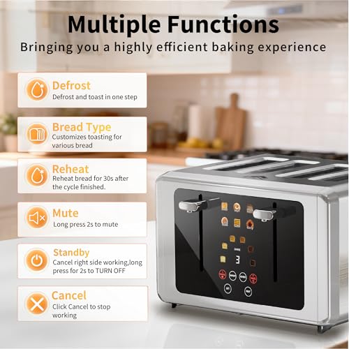 Image of WUNLY Smart Digital 4 Slice Toaster with Touch Screen, 1.5'' Extra Wide Slots for Bagel, Digital Countdown & Sound Control, 6 Bread Types & 6 Shade Settings, Defrost /Reheat /Standby, Stainless Steel