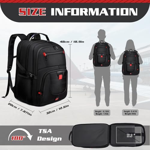 50L Travel Backpack, 17 inch Laptop Backpack for Men, Extra Large Sturdy TSA Friendly with USB Port College School Rucksack Bag Gifts for Him Men Women, Black2