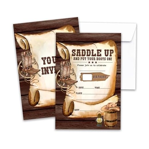 BXVRT Cowboy Birthday Invitations, 20 Double-Sided Wild West Theme Party Invitation Cards with Envelopes, Western Country Birthday Invites for Boys, Rodeo Party Favors Decorations and Supplies, 22