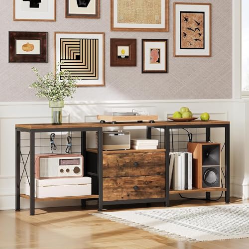 Image of YATINEY TV Stand with Power Outlet Up to 60 Inch, Entertainment Center with 2 Fabric Drawers, TV Console Table with Open Storage Shelves for TVs, Cable Management, for Living Room, Bedroom, DS14UBRY1