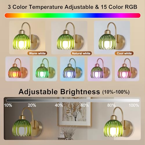 Image of Rechargeable Battery Operated Sconces Wall Decor Set of 2,Vintage Green Tulip Glass Lampshade Cordless Battery Powered Wall Lamp for Bedroom Living Room Kitchen