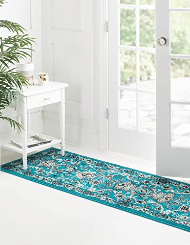 Image of Unique Loom Sialk Hill Collection Area Rug - Washington (2' 2 inch x 8' 2 inch Runner Turquoise /Black)