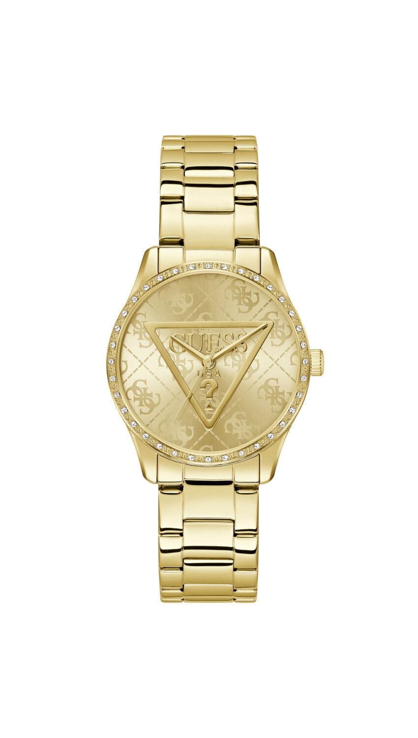 Guess Damen Armbanduhr Roxy mit Zirkonia, goldfarbenes Edelstahlarmband, Mineral Glas, goldfarbenes Ziffernblatt, 3 Bar, Gehäusedurchmesser: 36 mm, GW0987L2