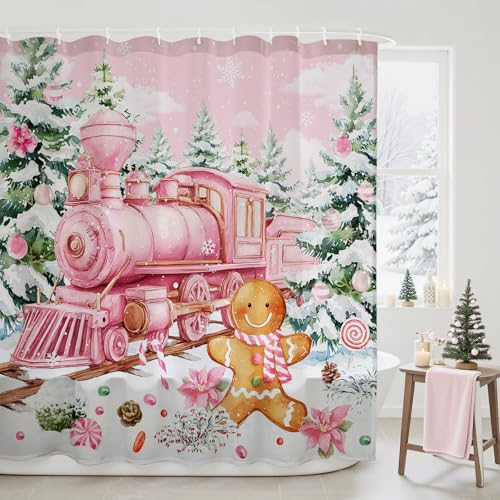 Mocsicka Christmas Shower Curtain Cartoon Gingerbread Train Christmas Bathroom Decor Sweet Gingerbread Shower Curtains for Bathroom Waterproof Washable Bathtub Decoration (Pink 71x71inch)