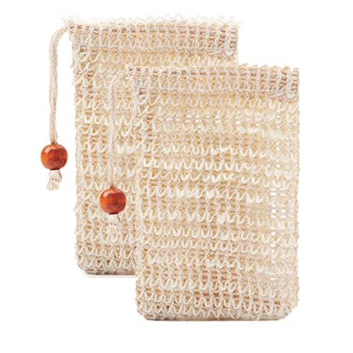 2 Pack Natural Sisal Soap Saver Bag Scraps & Save Soaps, Natural Fiber Soap Bags Mesh Soap Scrubber Pouch Net Bags for Foaming and Drying The Soap With Pouch Holder for Shower Bath (2 Pack)