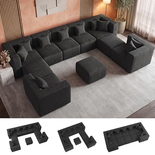 Image of MONVANE Modular Sectional Sofa, Oversized 10 Seat Convertible U Shaped Couch with Ottoman, Comfy Chenille Cloud Couch with Deep Seat, Sectional Couches for Living Room, No Assembly Required, Black