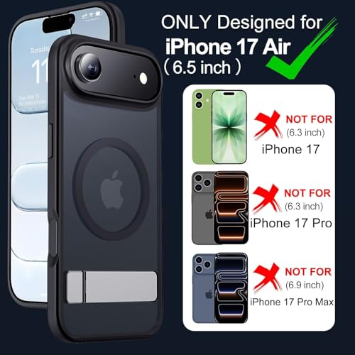 Image of Elzzi Translucent Matte Kickstand Case for iPhone 17 Air, Built-in Adjustable Camera Stand, Magnetic MagSafe Shockproof Phone Cover (Black)