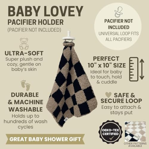 Image of L+L USA Checkered Baby Lovey Pacifier /Teether Holder 10 inchx10 inch - DreamSoft Plush Fluffy Cuddly Soothie Reversible Mini Comfort Blanket - Cute Newborn Gift Essential Babies Boys Girls (Black /White)