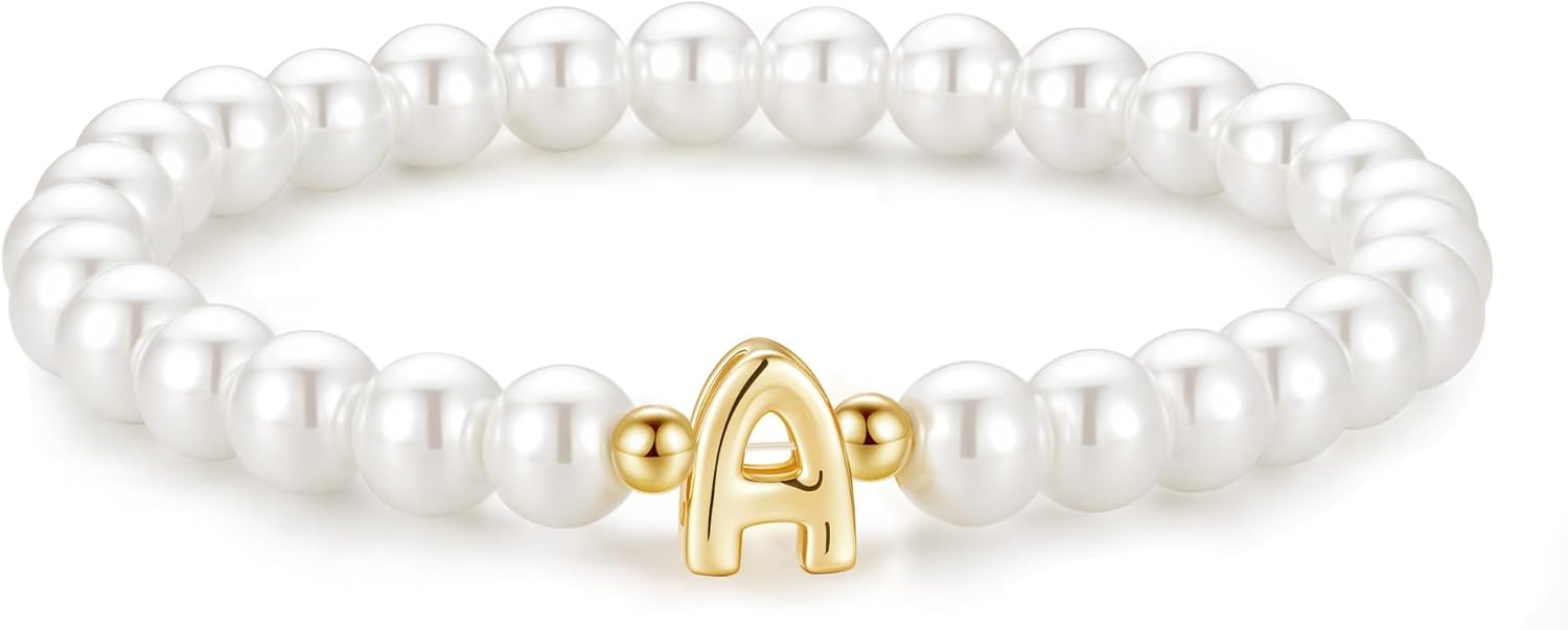 M MOOHAM Pearl Initial Bracelet for Women – Dainty Beaded Charm Bracelets for Women Trendy Charm Letter A-Z Personalized Pearl Jewelry Gifts