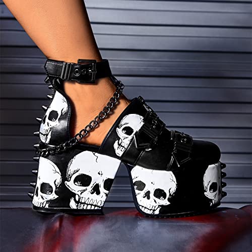 DETOGNI Women's Skull Design Silver Spiked Studs Chunky Platform Black Wedges Shoes Punk Gothic Hanging Chains Adjustable Strap With Buckles And Eyelets Block Heel Boots3