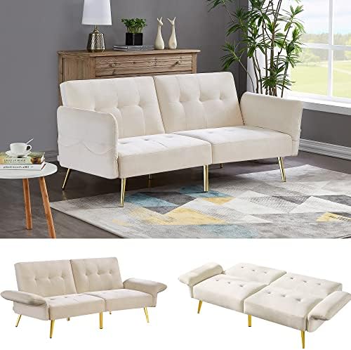 WIN FORCE White Velvet Futon Sofa Bed Couch, Modern Convertible Sleeper Sofa Loveseat with Adjustable Backrest and Storage Arms for Living Room