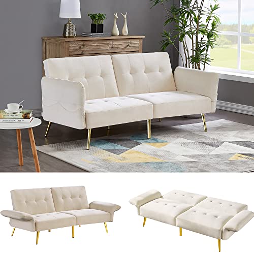 Win Force White Velvet Futon Sofa Bed Couch, Modern Convertible Sleeper Sofa Loveseat With Adjustable Backrest And Storage Arms For Living Room #TOP26