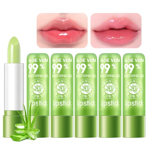 5 Unidades Pintalabios Magico Aloe Vera, Lápiz Labial de Aloe Vera, BáLsamo Labial Que Cambia de Color Con La Temperatura, Hidratación Duradera, Combina El Cuidado de Los Labios con El Maquillaje