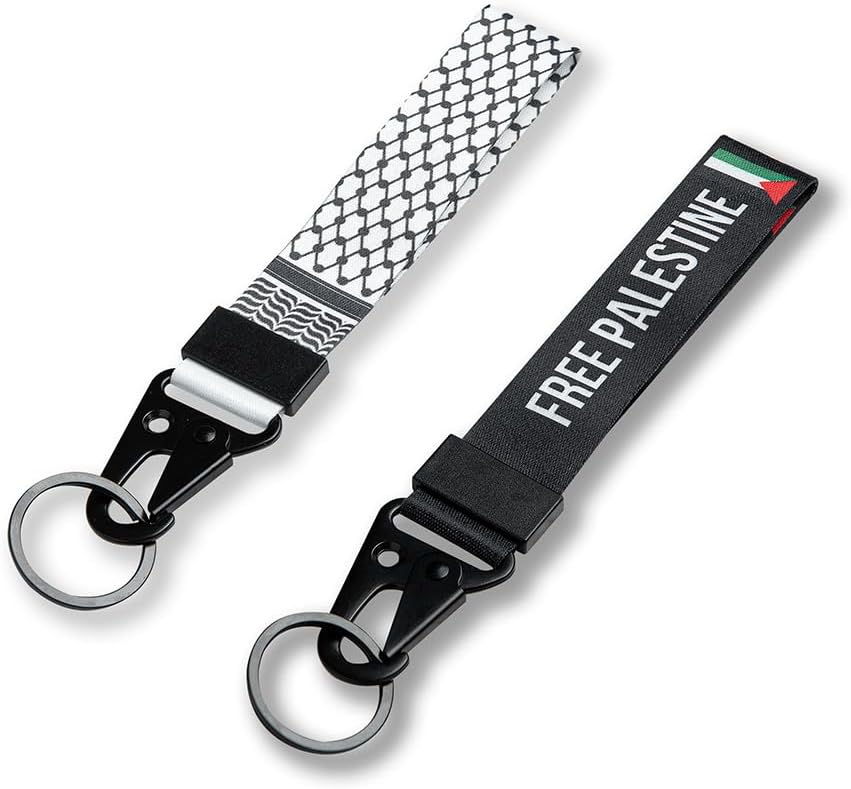 02 Packs Free Palestine Flag Short Keychain Lanyard Palestinian Keffiyeh Pattern Wristbands Hang Rope with Metal Key Holder Tags Pin Strap Accessories (B)