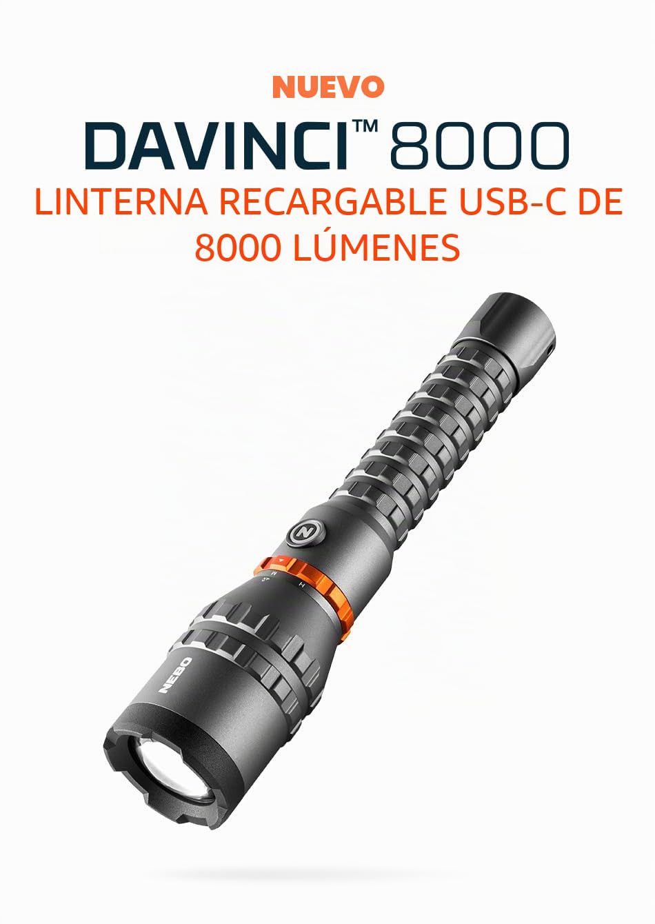NEBO Davinci 8000 Linterna Recargable – 8.000 Lúmenes | Zoom 4x | 5 Modos | 45h en Bajo | IP67 | Smart Temp Control | Banco de Energía USB | Direct-to-Low | Aluminio | USB-C
