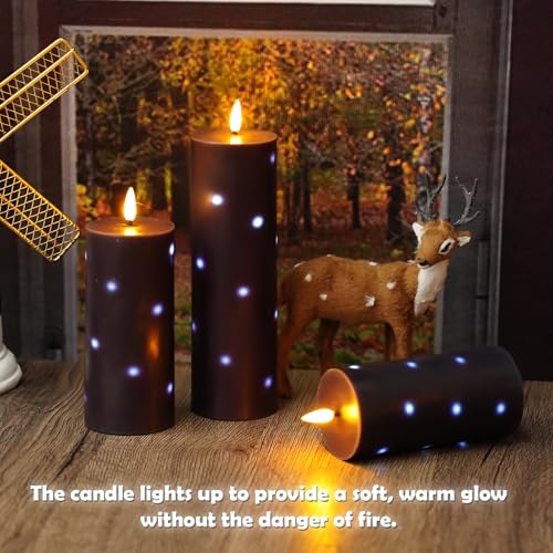 Image of kakoya Flickering Flameless Candles,Battery Operated Real Wax LED Pillar Candles with Remote Control and Timer,with Embedded Star String,Set of 9 (Black)