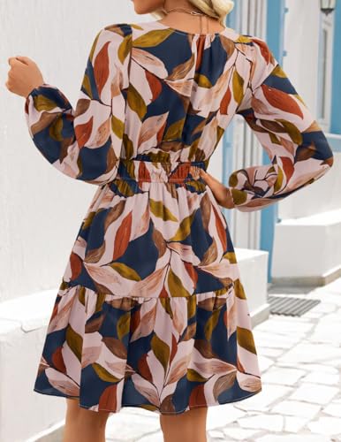 ZESICA Fall Wedding Guest Dresses for Women 2025 Casual Long Sleeve Floral Boho V Neck A-Line Mini Dress with Pockets3