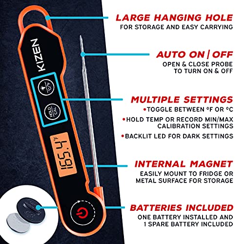 Kizen Digital Meat Thermometers For Cooking - Waterproof Instant Read Food Thermometer For Meat, Deep Frying, Baking, Outdoor Cooking, Grilling, & Bbq (Orange/Black) #TOP4